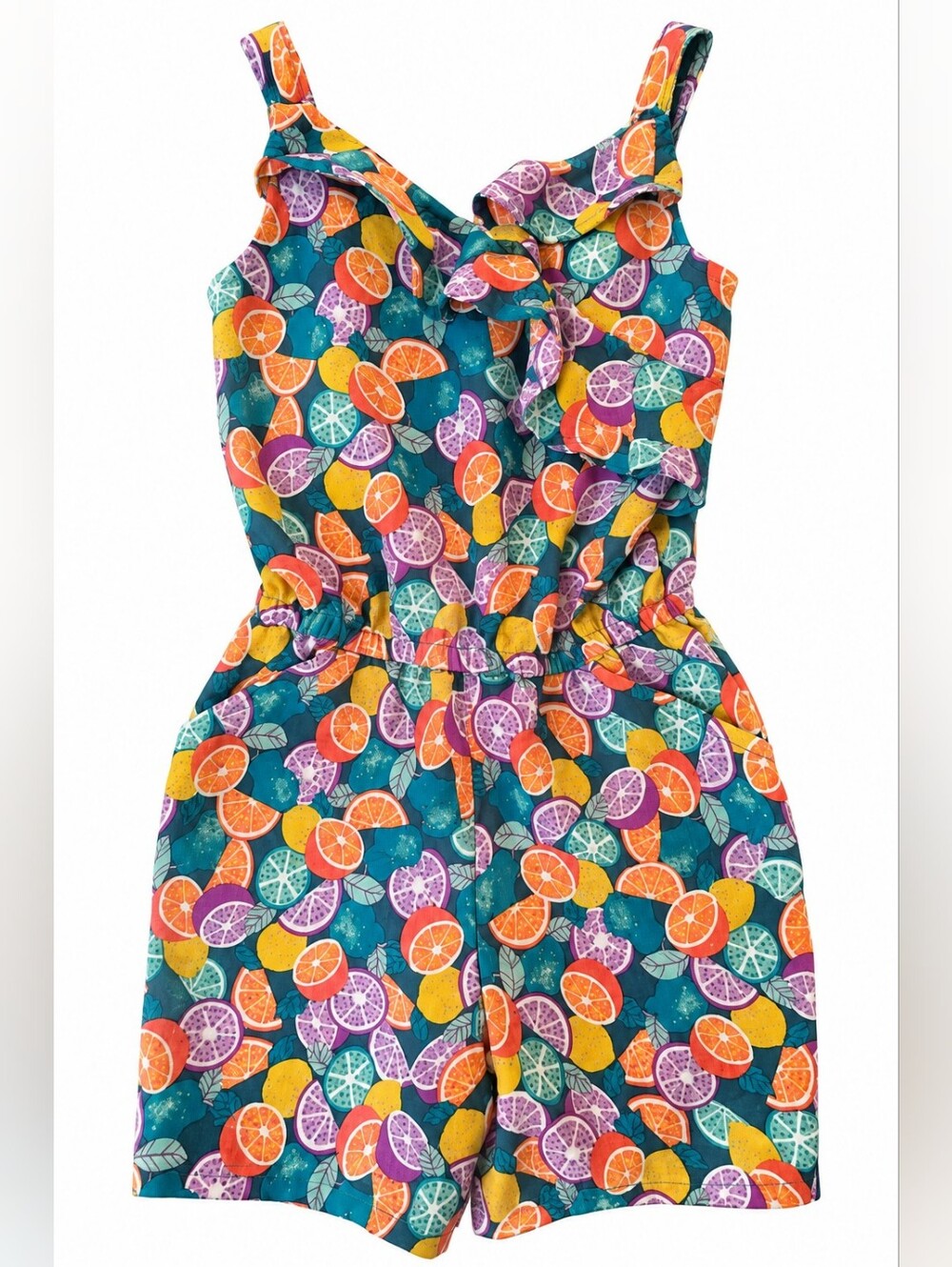wonder nation Navy One-Piece Romper with Orange, Purple, Teal Citrus Print